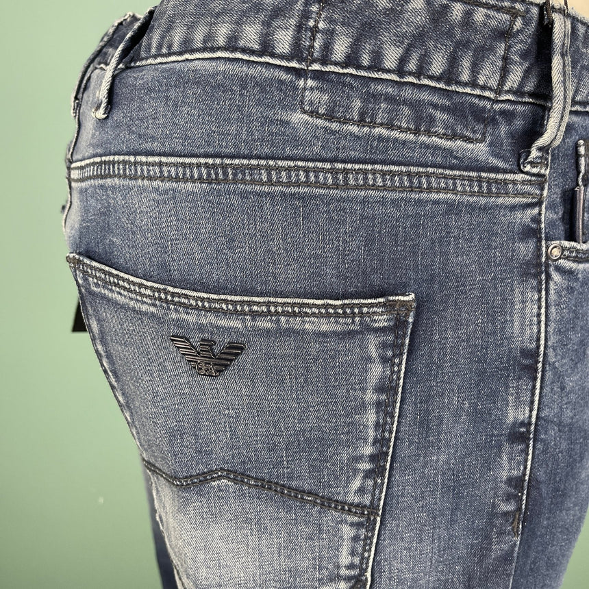 Emporio Armani J06 Slim Fit 5 Pocket Silver Eagle Belt Patch Jeans Blue - Swing Supply - Golf, Casual, Activewear Outlet Sale